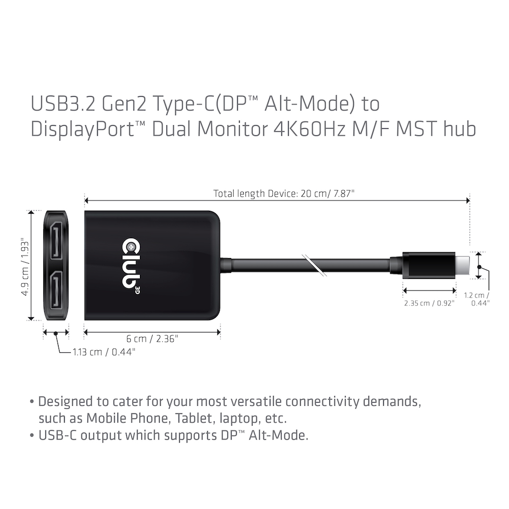 Club 3D Multi Stream Transport Hub USB 3.2 Typ C => DisplayPort 1.2 Dual Monitor 4K60Hz