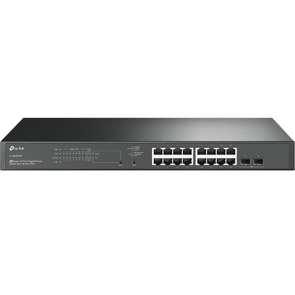 TP-Link Switch smart managed Layer2 18 Port • 16x 1 GbE • PoE Budget 150W • 2x SFP • 19" • Omada • SG2218P TP-Link Switch smart managed Layer2 18 Port • 16x 1 GbE • PoE Budget 150W • 2x SFP • 19" • Omada • SG2218P