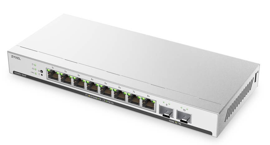 Zyxel Switch Smart Managed Layer2 10 Port • 8x 1 GbE • PoE Budget 80 Watt • 8x PoE At • 2x SFP • Desktop • LüFterlos • NebulaFlex • GS191510HPV2