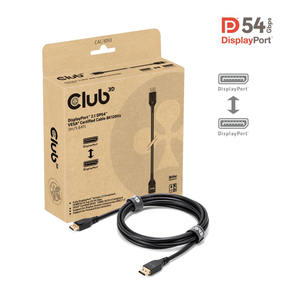 CLUB3D DisplayPort™ 2.1 DP54™ VESA® Certified Cable 8K120Hz 3m/ 9.84ft