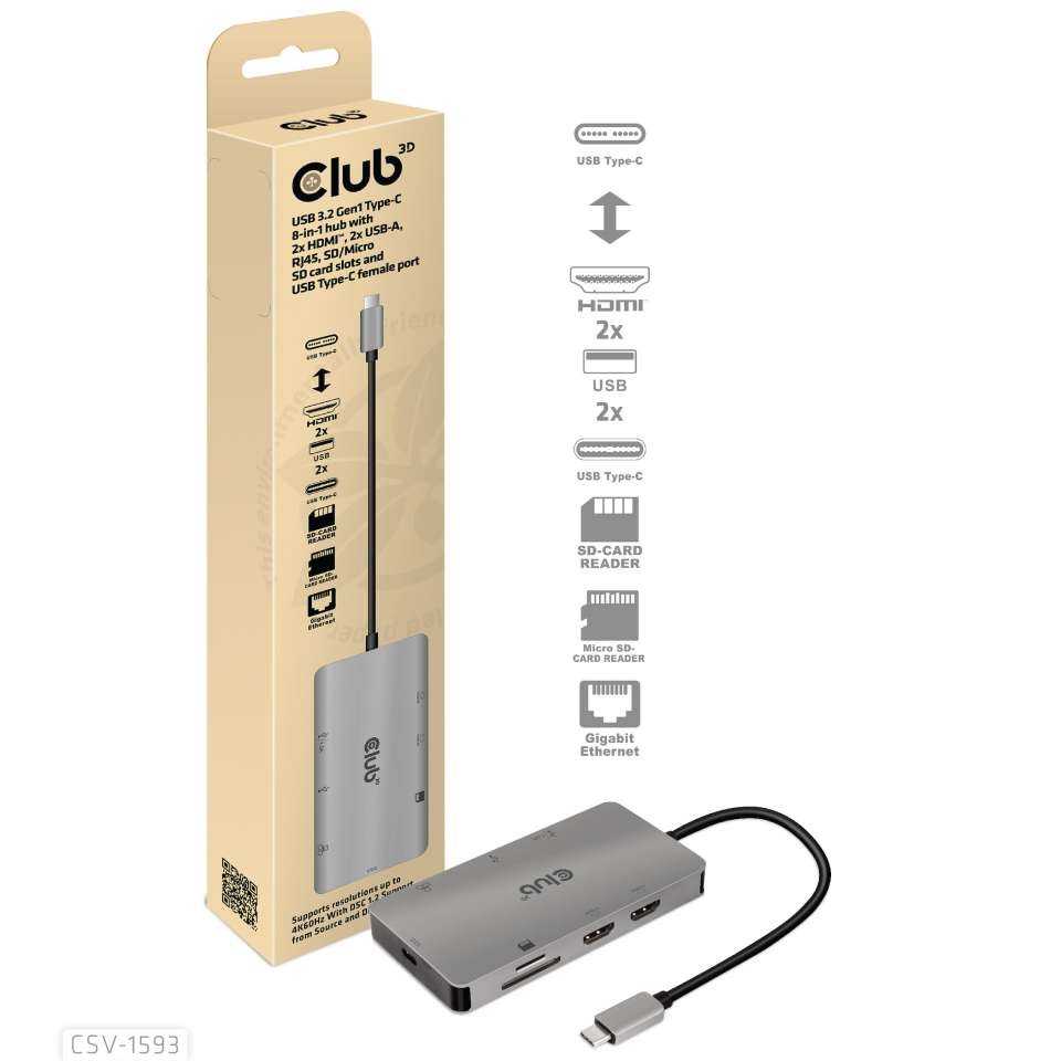 USB Hub 3.2 Typ C => 2x HDMI, 2x USB-A, RJ45, SD/Micro SD Kartenslots und USB Typ-C BU *Club 3D*