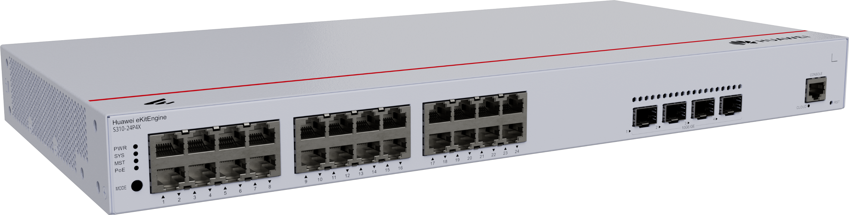 Huawei Switch Full Managed L3 28 Port • 24x GbE • PoE Budget 400W • 24x PoE At • 4x SFP • 19 " • IStack • S310-24P4X • EKit
