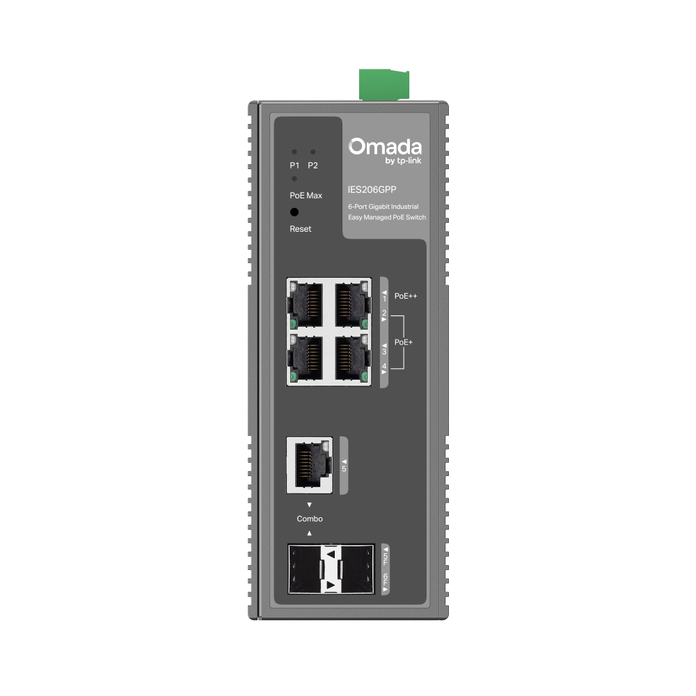 TP-Link Switch Easy Managed Industrial Layer2 6 Port • 4x 1 GbE PoE+ at • 2x 1 GbE • PoE Budget 120Watt • Lüfterlos, Omada • IES206GPP(UN)