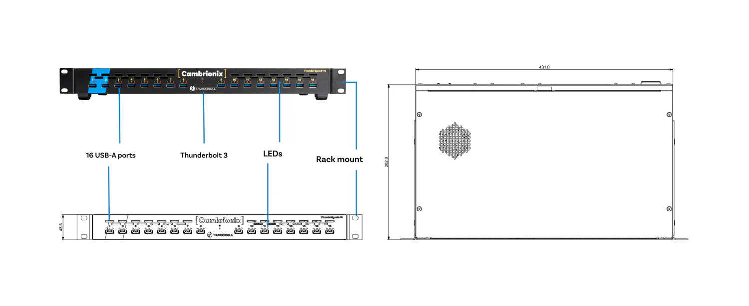 Cambrionix ThunderSync3-16| ThunderboltTM 3 | USB 3.2 | 40Gbps | 2.4A (12W) | Rackmount & Desktop