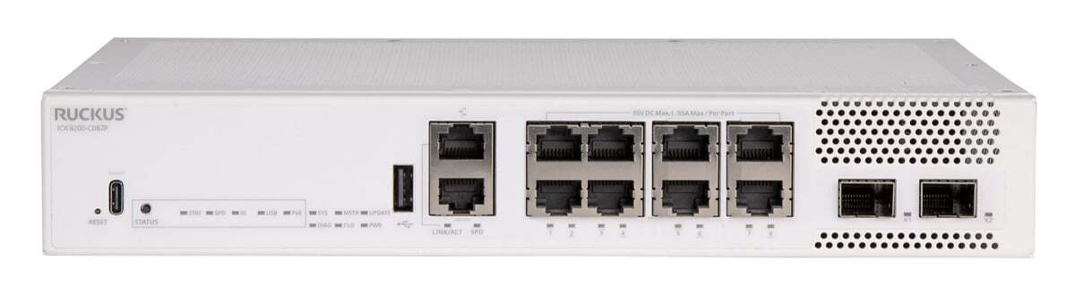 RUCKUS Networks Switch Full Managed Layer3 10 Port • 4x 10 Gbe • 4x 2,5 Gbe • Poe Budget 240 W • 8x Poe Bt • 2xsfp28 • 10 " • Icx8200-C08zp