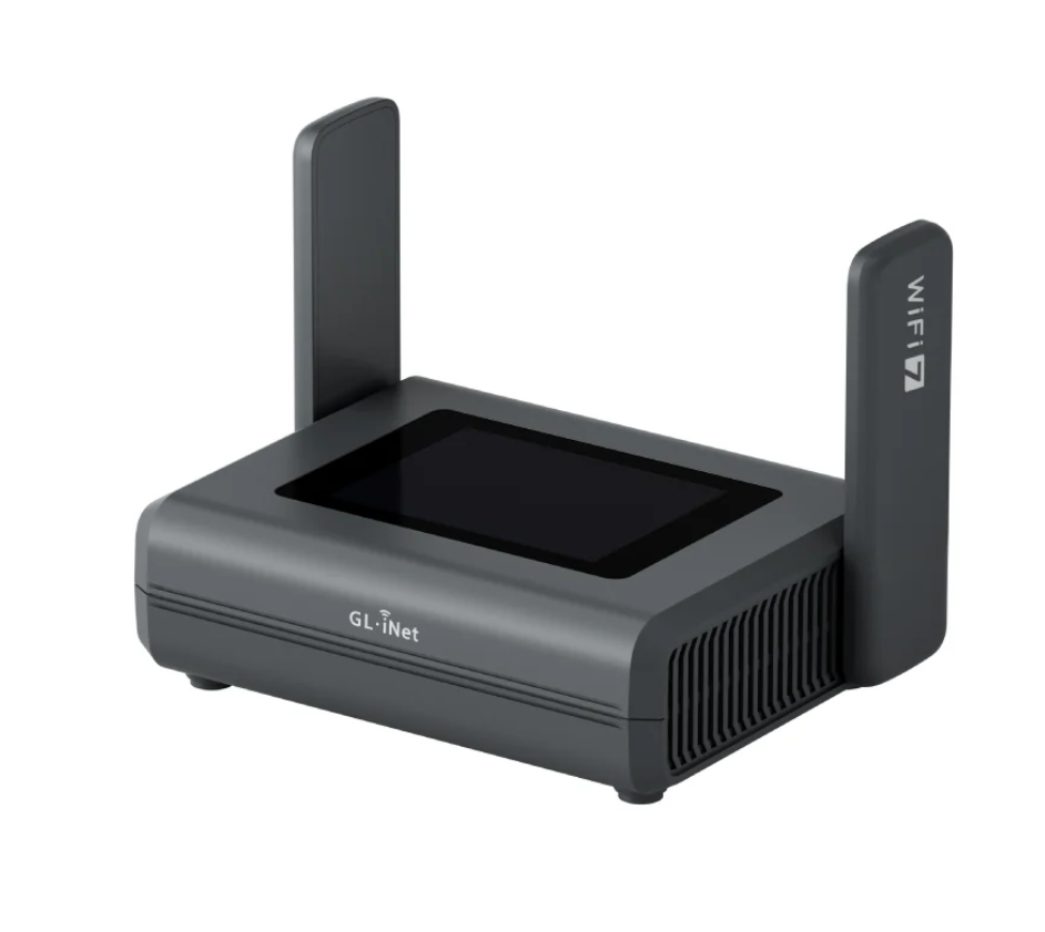 ALLNET Wireless Travel Router WIFI7 • BE10000 • 2.5GbE LAN/WAN • Pocket-sized Router for Home and Travel / WiFi Client "OpenWRT" 2,8"Touch Display • Slate 7 Pro