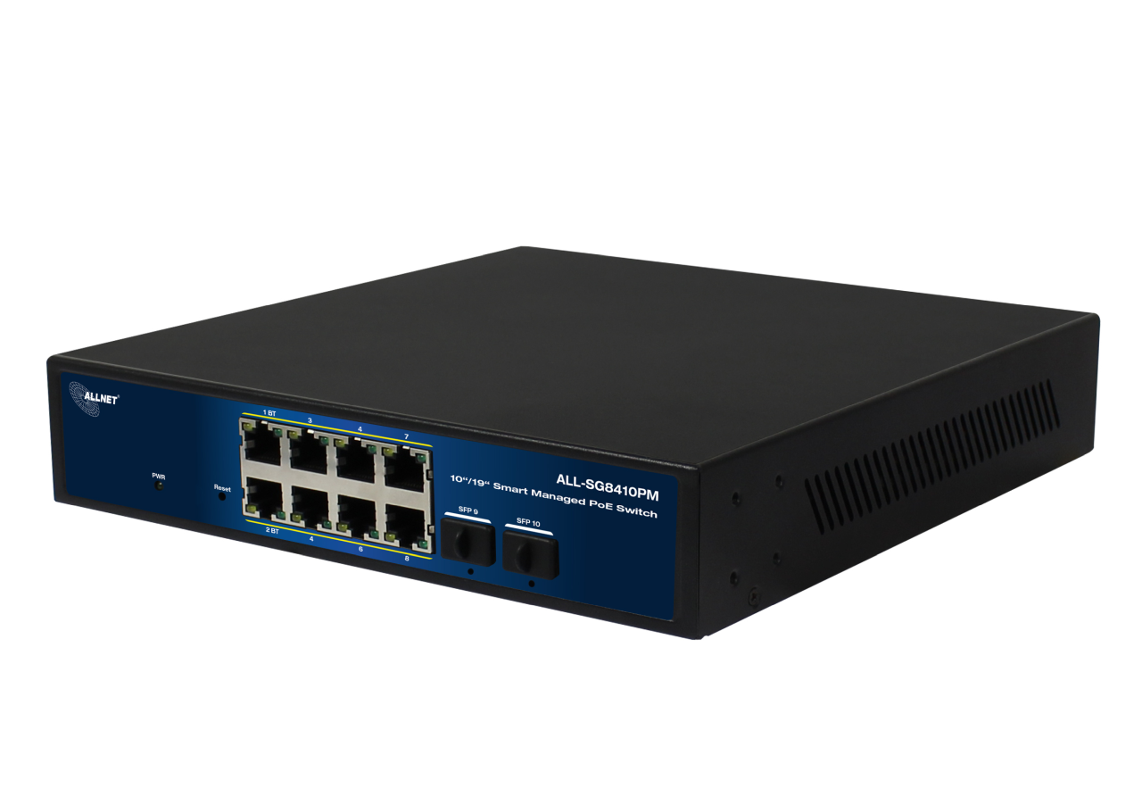 ALLNET Switch smart managed Layer2 10 Port • 8x 1 GbE • PoE Budget 240 Watt • 8x PoE at / 2x PoE bt  • 2x SFP • Lüfterlos , 19" • ALL-SG8410PM