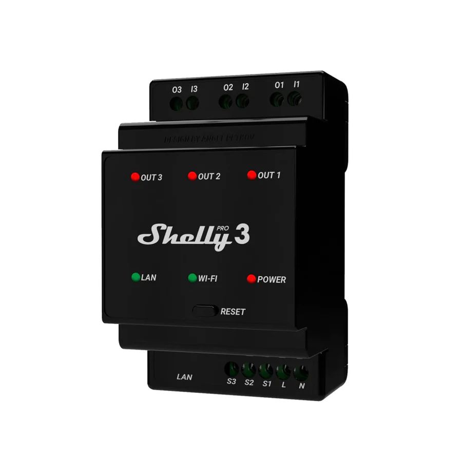 Shelly · Hutschiene · "Pro 3" · Relais · max. 48A · 3 Phasen · 3 Kanäle · WLAN · LAN · BT