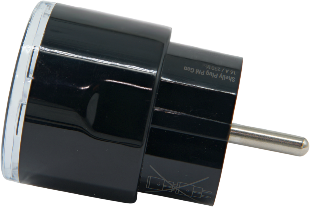 Shelly · Plug & Play "Plug PM Gen3 Black" · Smarter Energiezähler · Messfunktion · WLAN · BT · schwarz