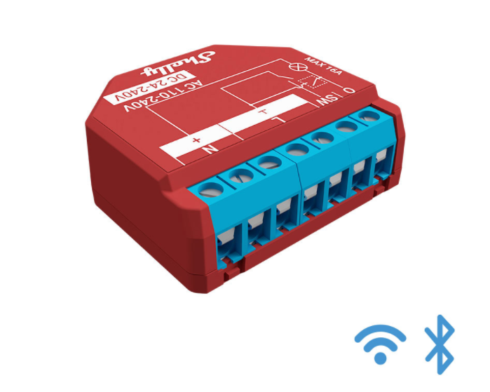 Shelly · Unterputz · "Plus 1PM" · Relais · max. 16A · 1 Kanal · Messfunktion · WLAN · BT Shelly · Unterputz · "Plus 1PM" · Relais · max. 16A · 1 Kanal · Messfunktion · WLAN · BT