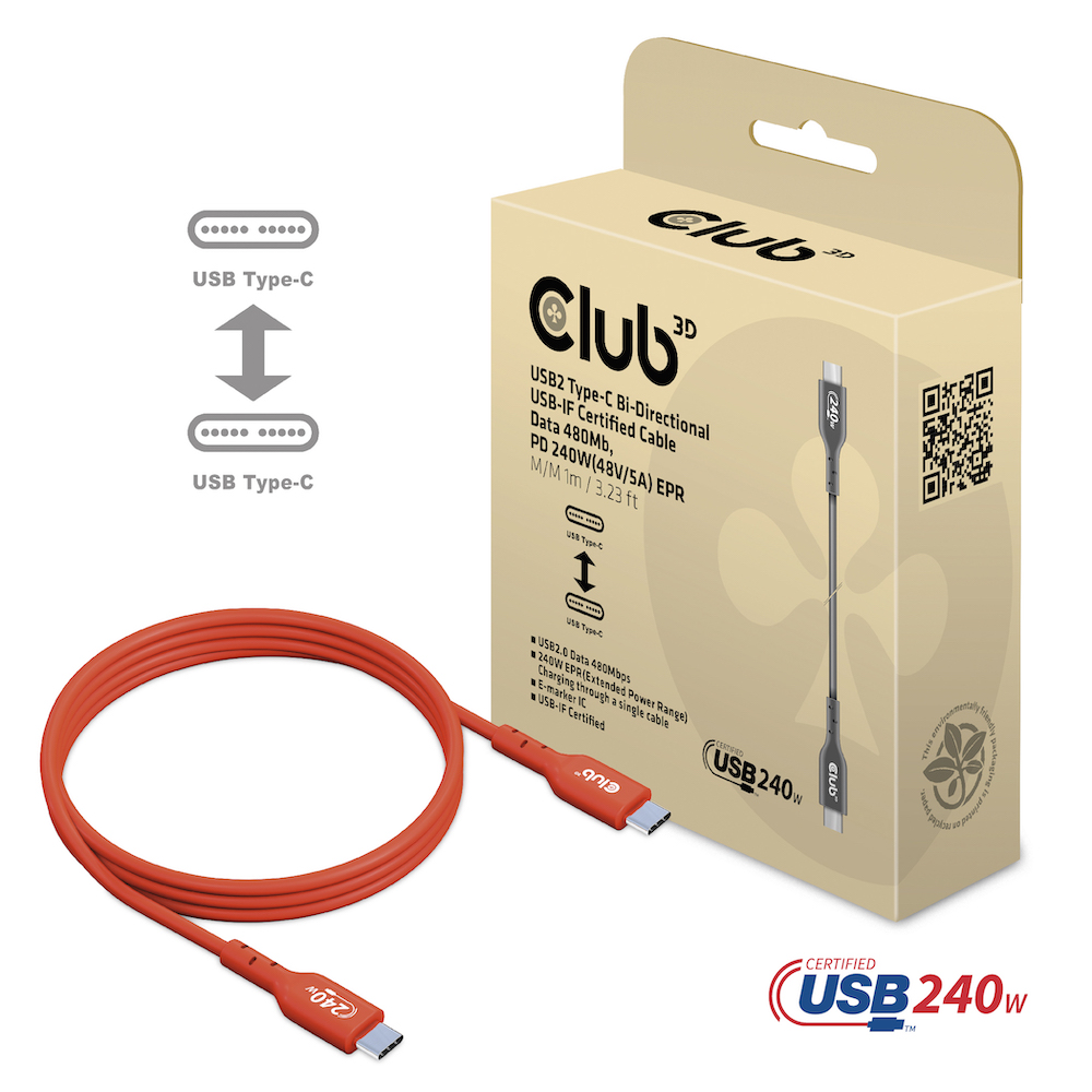 Kabel USB 2.0 C (St) => C (St)  1,0m *Club 3D* 240W Kabel USB 2.0 C (St) => C (St)  1,0m *Club 3D* 240W