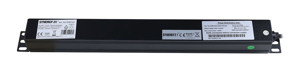 ALLNET 19"zbh. Steckdosenleiste, 9xDosen(CEE7)->Stecker(CEE7), Schalter, Schwarz, Synergy 21