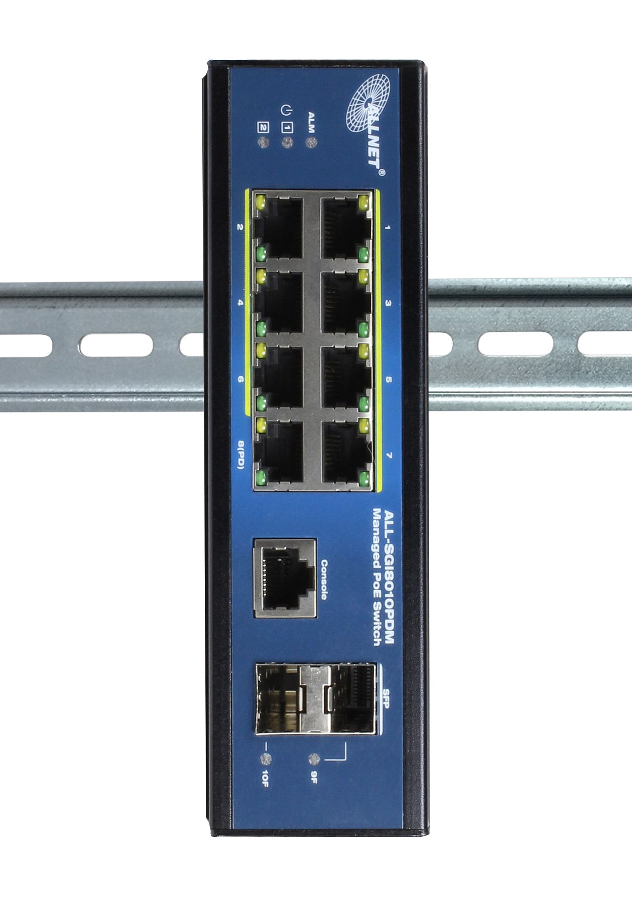 ALLNET Switch industrial full managed Layer2+ 10 Port GbE • PoE Budget 69W (BT) / 210 (DC) • 7x PoE at • 2x SFP • 1x GbE PD • Lüfterlos , IP40 • ALL-SGI8010PDM