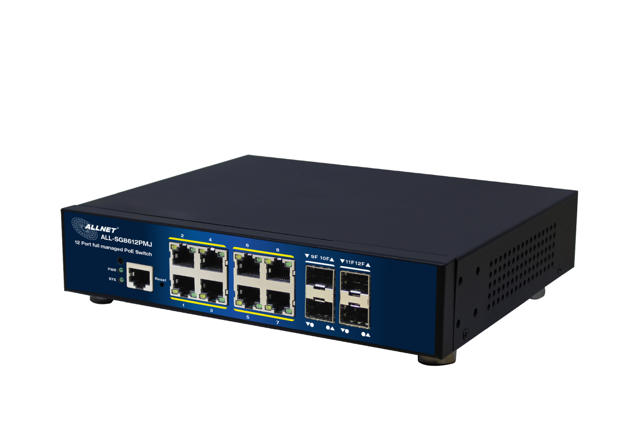 ALLNET Switch full managed Layer2+ 12 Port • 8x GbE • PoE Budget 300W • 8x PoE at • 4x SFP • 10" & 19" • Lüfterlos • JSON API • ALL-SG8612PMJ