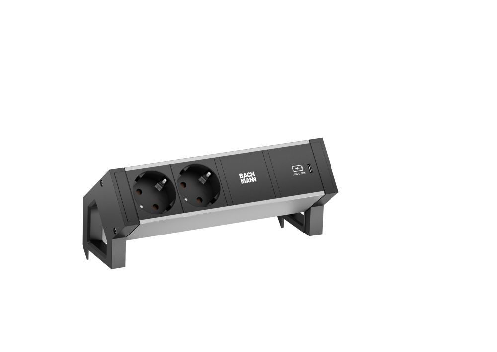 BACHMANN DESK2 ALU BLACK 2xSchutzkt.USB, USB Charger 22W A C 0,2m GST18