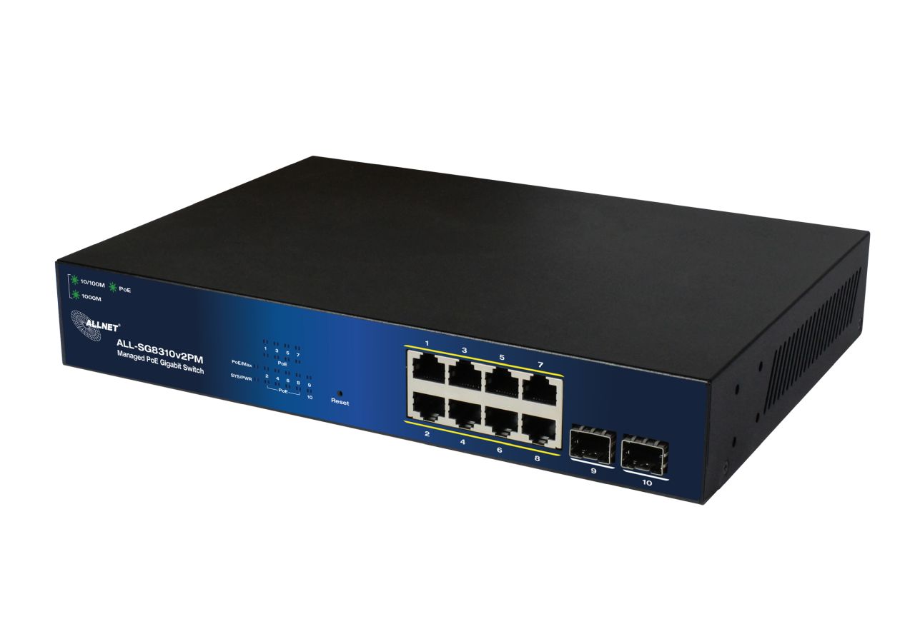 ALLNET Switch smart managed Layer2 10 Port • PoE Budget 140W • 8x PoE at • 2x SFP • 19" • Lüfterlos • ALL-SG8310v2PM ALLNET Switch smart managed Layer2 10 Port • PoE Budget 140W • 8x PoE at • 2x SFP • 19" • Lüfterlos • ALL-SG8310v2PM
