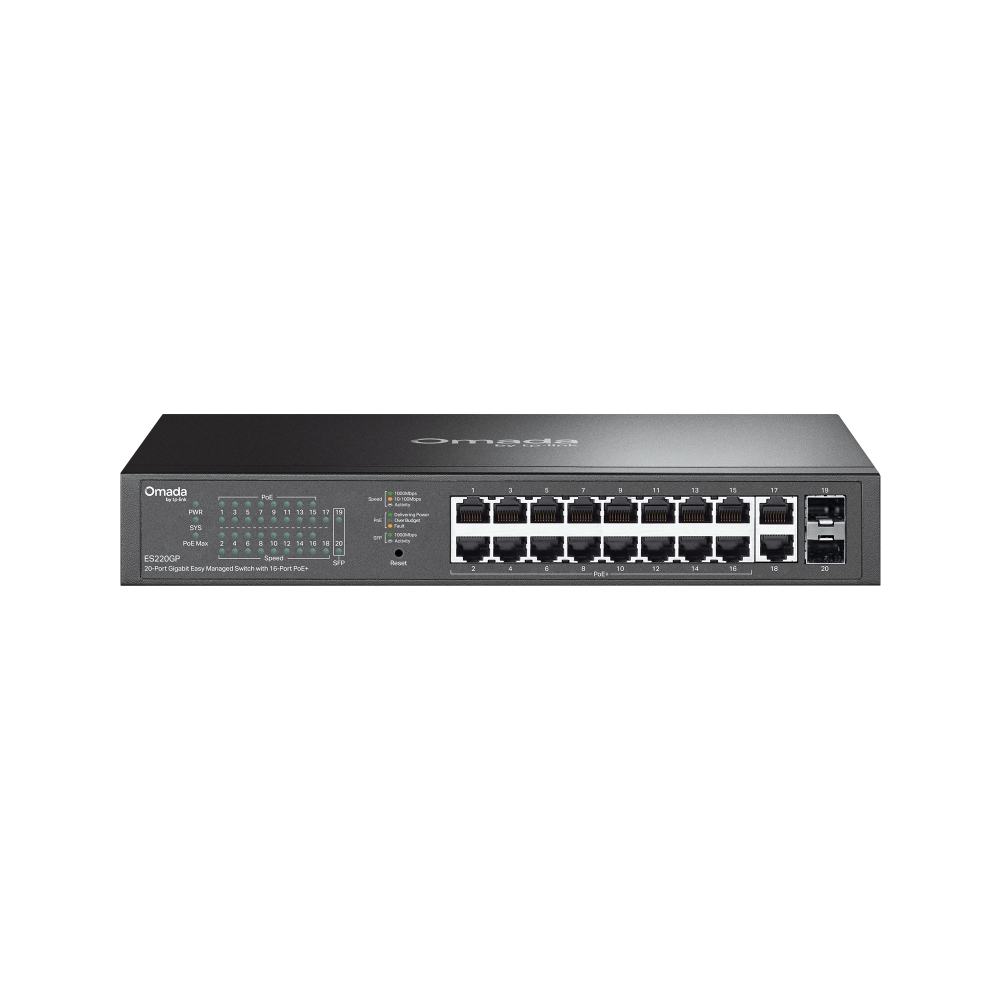 Omada by tp-link Switch easy managed Layer2 20 Port • 18x 1GbE • 16x PoE af • 2x SFP • 150W PoE Budget • Lüfterlos • Omada • ES220GP