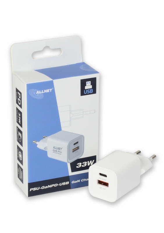 ALLNET Ersatznetzteil QC USB-C PD GaN Netzteil Power Supply 33 Watt 1x USB Typ-A QC, 1x USB Typ-C**EU PLUG** ALLNET Ersatznetzteil QC USB-C PD GaN Netzteil Power Supply 33 Watt 1x USB Typ-A QC, 1x USB Typ-C**EU PLUG**