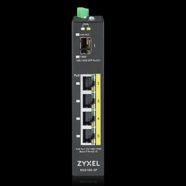 Zyxel Switch unmanaged Layer2 5 Port • 4x 1 GbE • PoE Budget 120 Watt • 4x PoE at • 1x SFP • Industrial  • Lüfterlos • RGS100-5P Zyxel Switch unmanaged Layer2 5 Port • 4x 1 GbE • PoE Budget 120 Watt • 4x PoE at • 1x SFP • Industrial  • Lüfterlos • RGS100-5P