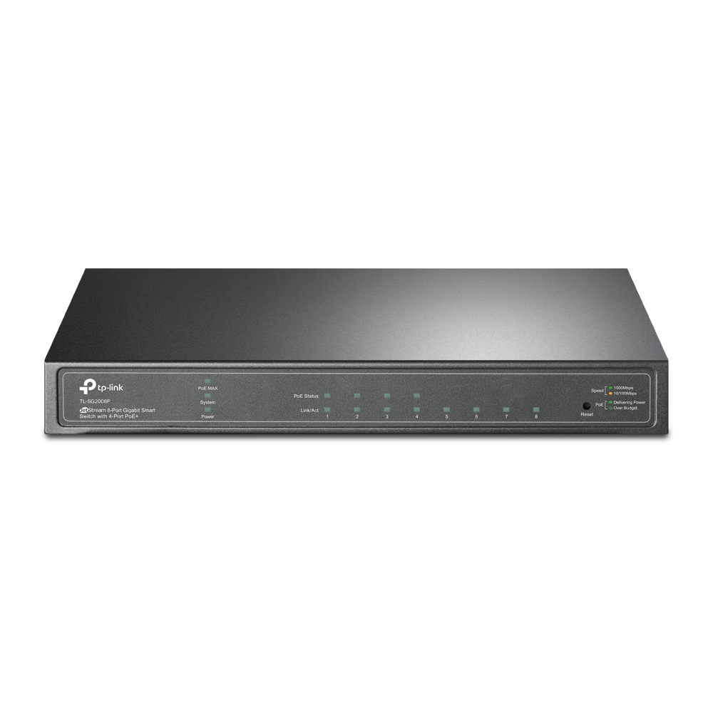 TP-Link Switch Full Managed Layer2 8 Port • 8x 1 GbE • PoE Budget 62 Watt • 4x PoE At • LüFterlos, Omada • SG2008P