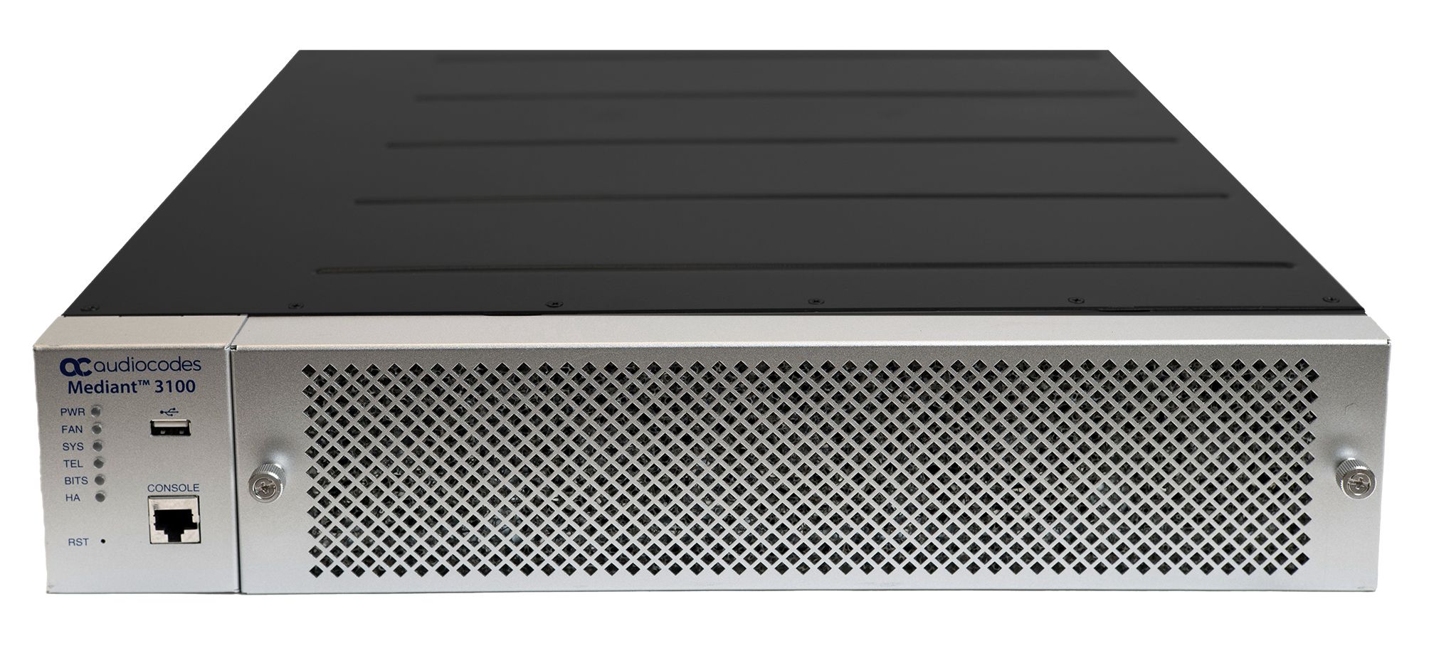 Audiocodes Mediant 3100 Hybrid SBC and Media Gateway with 8 E1/T1 interfaces (upgradeable to 16 E1/T1) and two AC power supplies.