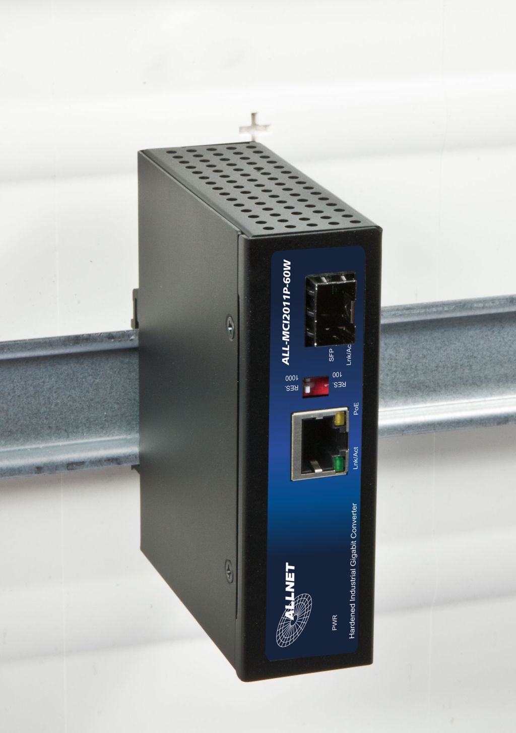 ALLNET Medienkonverter Industrial PoE (15,4W/30W/60W) auf 1000BASE-SX/-LX Single-/ Multimode SFP Mini-GBIC Anschluss / DIN / "ALL-MCI2011P-60W"