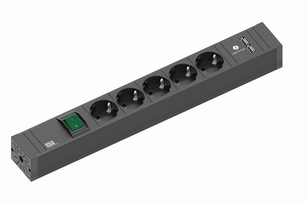 Bachmann Tischsteckdose, 5xDosen(CEE7)->Stecker(CEE7), 1xSchalter, 1xUSB Strom 2,0m, CONNECT LINE