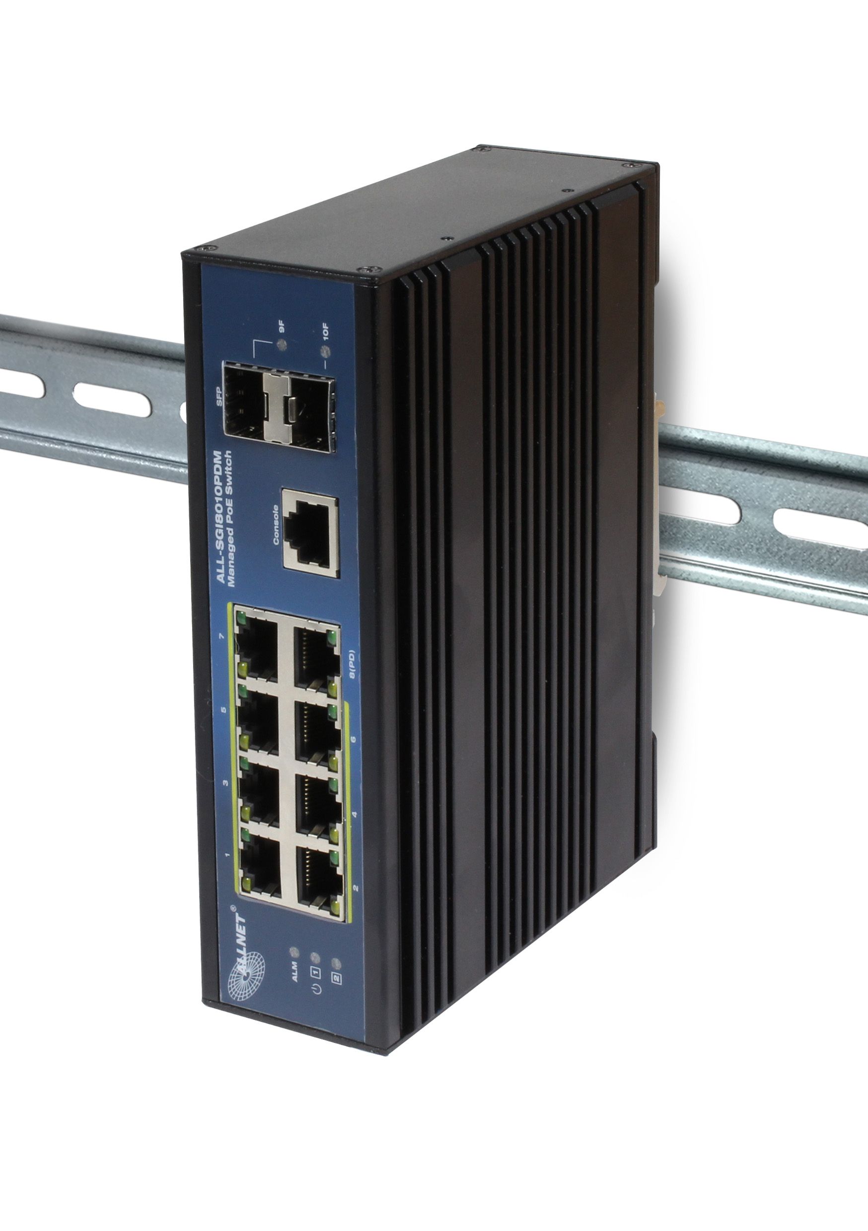 ALLNET Switch industrial full managed Layer2+ 10 Port GbE • PoE Budget 69W (BT) / 210 (DC) • 7x PoE at • 2x SFP • 1x GbE PD • Lüfterlos , IP40 • ALL-SGI8010PDM