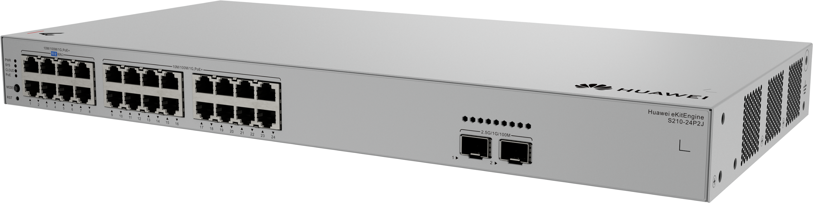 Huawei Switch Full Managed L2 26 Port • 24x GbE • PoE Budget 400W • 24x PoE At • 2x 2,5GbE SFP • 19 " • S210-24P2J • EKit