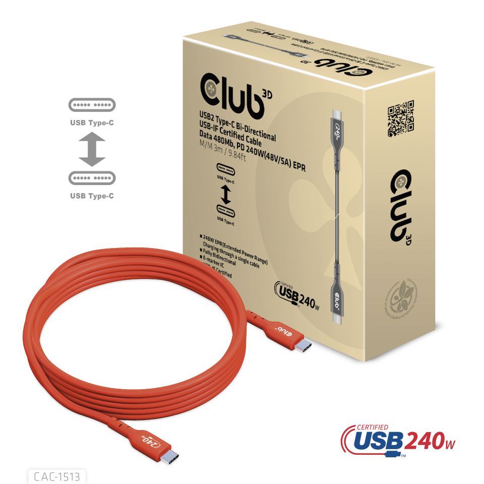 Kabel USB 2.0 C (St) => C (St) 3,0m *Club 3D* Bi-Direktional 240W Kabel USB 2.0 C (St) => C (St) 3,0m *Club 3D* Bi-Direktional 240W