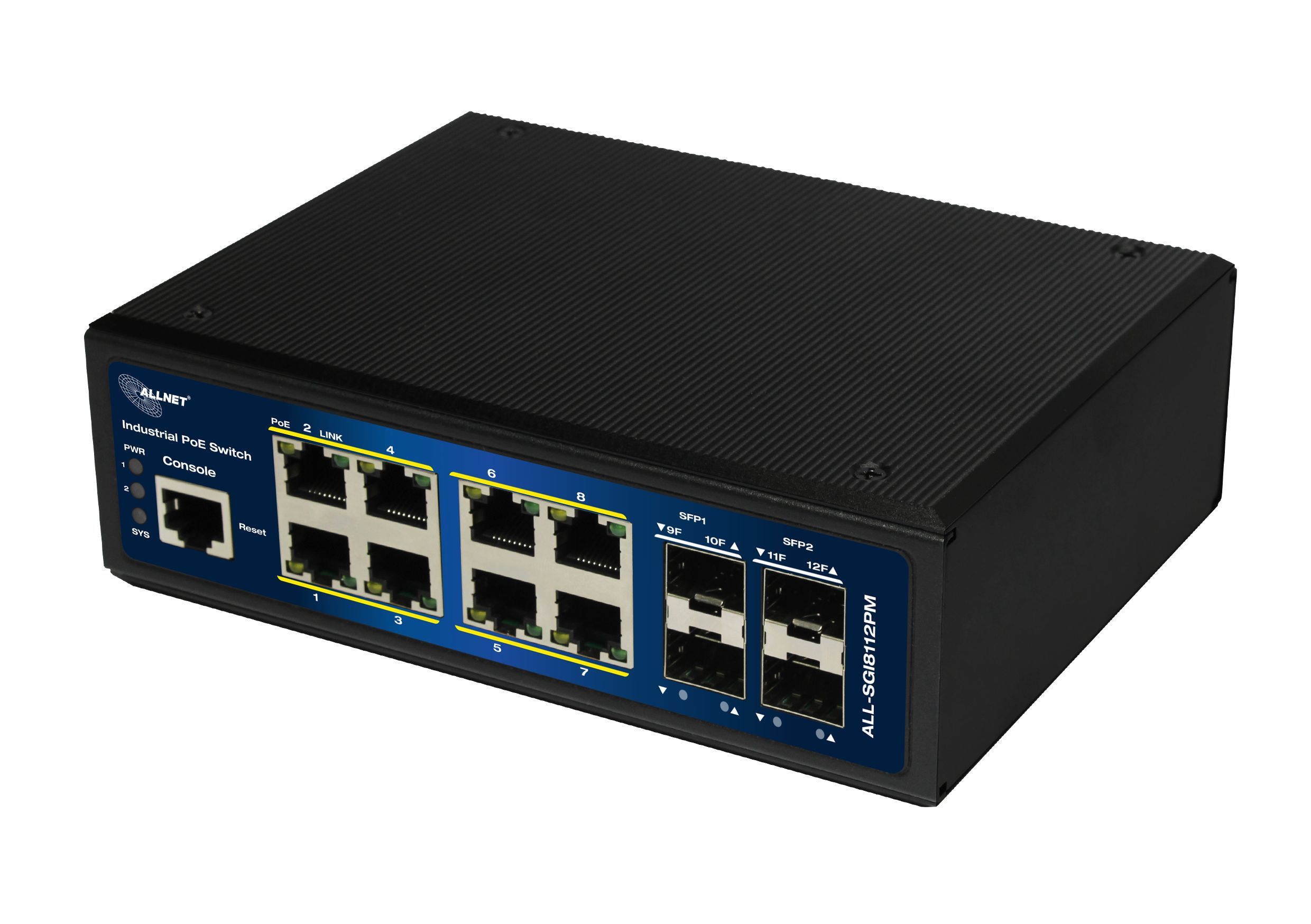 ALLNET Switch industrial full managed Layer2+ 12 Port GbE • PoE Budget 240W • 8x PoE at • 4x SFP • Lüfterlos • DIN • JSON API • ALL-SGI8112PMJ