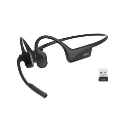 SHOKZ OpenComm2 UC 2025 Upgrade Wireless Bluetooth Bone Conduction Videoconferencing Headset with USB-C Charging Port and USB-A adapter | 16 Hr Talk Time, 29m Wireless Range, 1 Hr Charge Time | Includes Noise Cancelling Boom Mic and Dongle, Black
