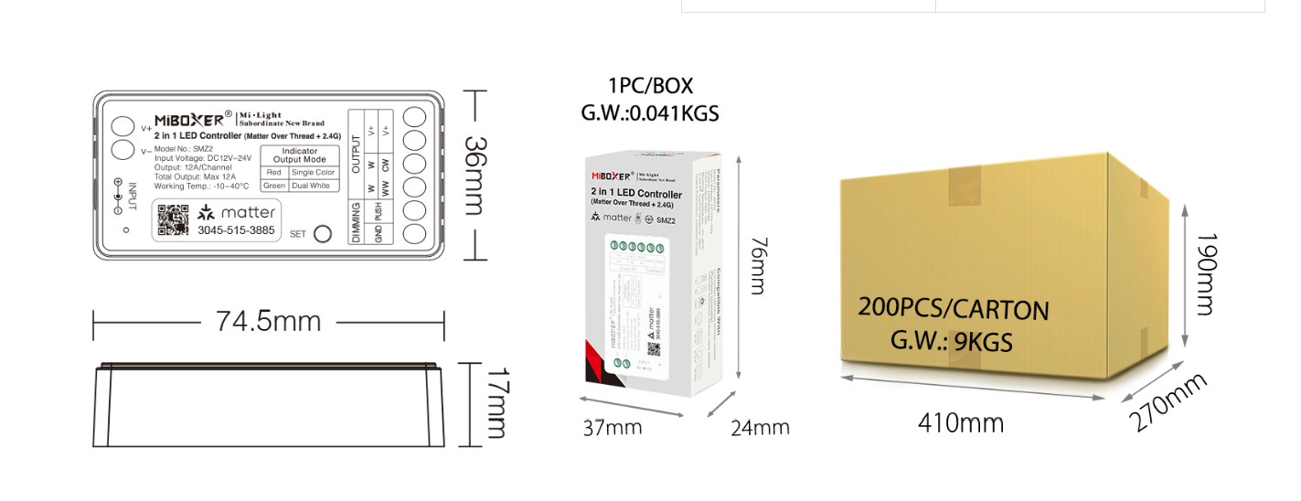 MiBoxer SM2 LED Controller Matter-Serie 2in1 Single colour/CCT(dual white) dim DC12/24V Matter Over Thread+2.4GHz