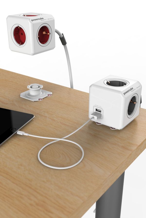 DesignNest(Allocacoc) Powercube, Extended USB, 4xDosen(CEE7)->Stecker(CEE7), 1.5m, weiss/grau