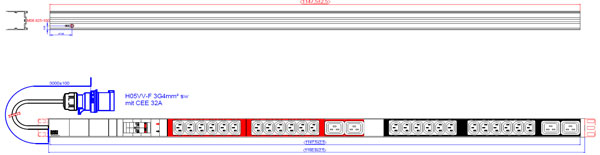 Bachmann PDU, Steckdosen, 24xDosen(C13)+ 4x(C19)+2xLS-> Zuleitung 3m, mit Stecker CEE 32A blau, ALU,