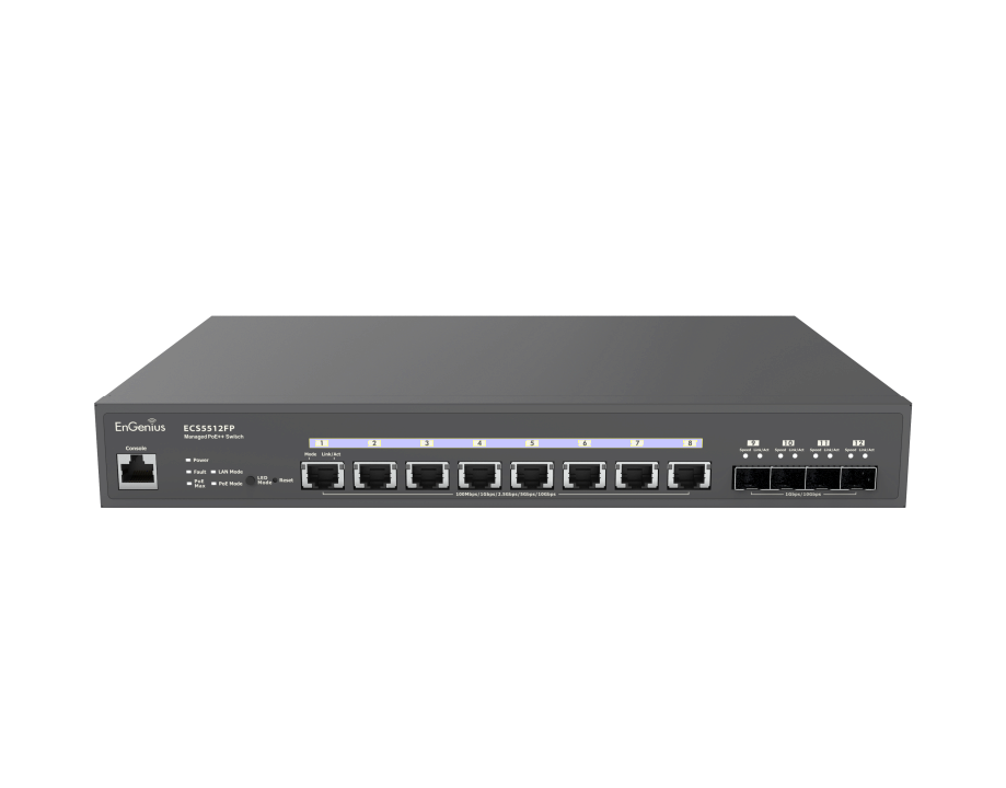 EnGenius Switch full managed Layer2+ 12 Port • 8x 10 GbE • PoE Budget 420W • 8x PoE bt • 4x SFP+ • 13" • ECS5512FP • EnGenius Cloud