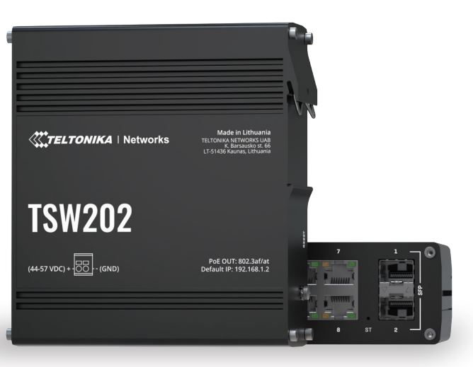 Teltonika · Switch · TSW202 · 8 Port Gigabit Industrial managed PoE+ Switch, 2 SFP Teltonika · Switch · TSW202 · 8 Port Gigabit Industrial managed PoE+ Switch, 2 SFP