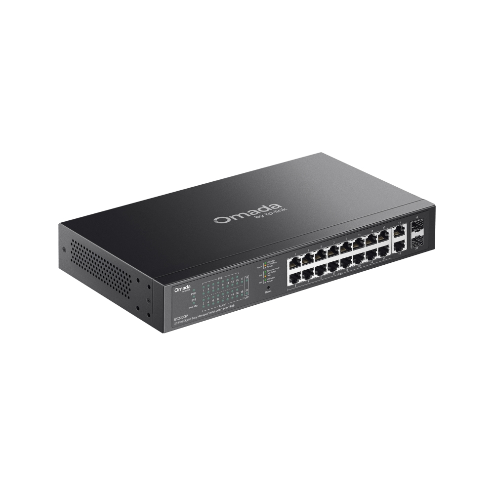 Omada by tp-link Switch easy managed Layer2 20 Port • 18x 1GbE • 16x PoE af • 2x SFP • 150W PoE Budget • Lüfterlos • Omada • ES220GP