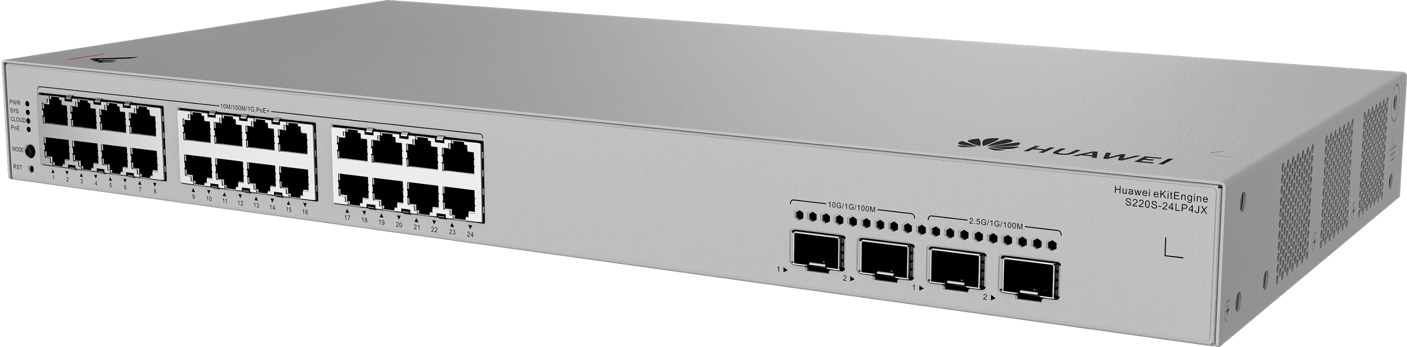 Huawei Switch Full Managed L2 28 Port • 24x GbE • PoE Budget 195W • 24x PoE At • 2x 2,5GbE SFP 2x SFP • 19 " • S220S-24LP4JX • EKit