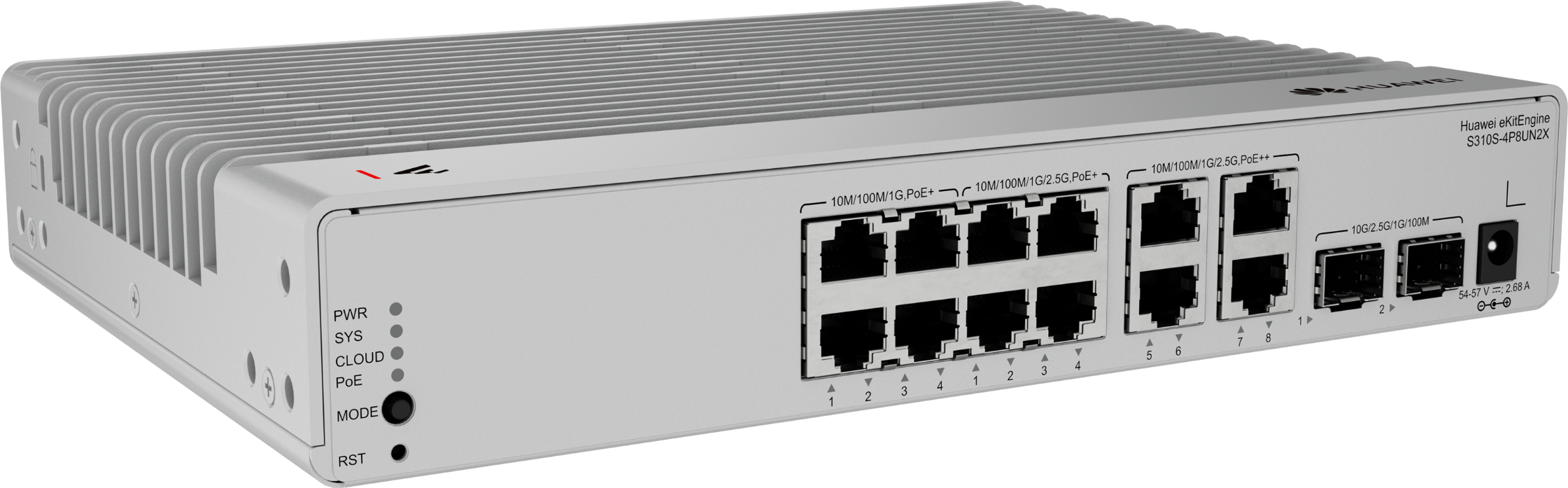 Huawei Switch Full Managed L3 14 Port • 8x 2,5 GbE 4x GbE • PoE Budget 120W • 8x PoE At 4x PoE Bt • 2x SFP • S310S-4P8UN2X • EKit