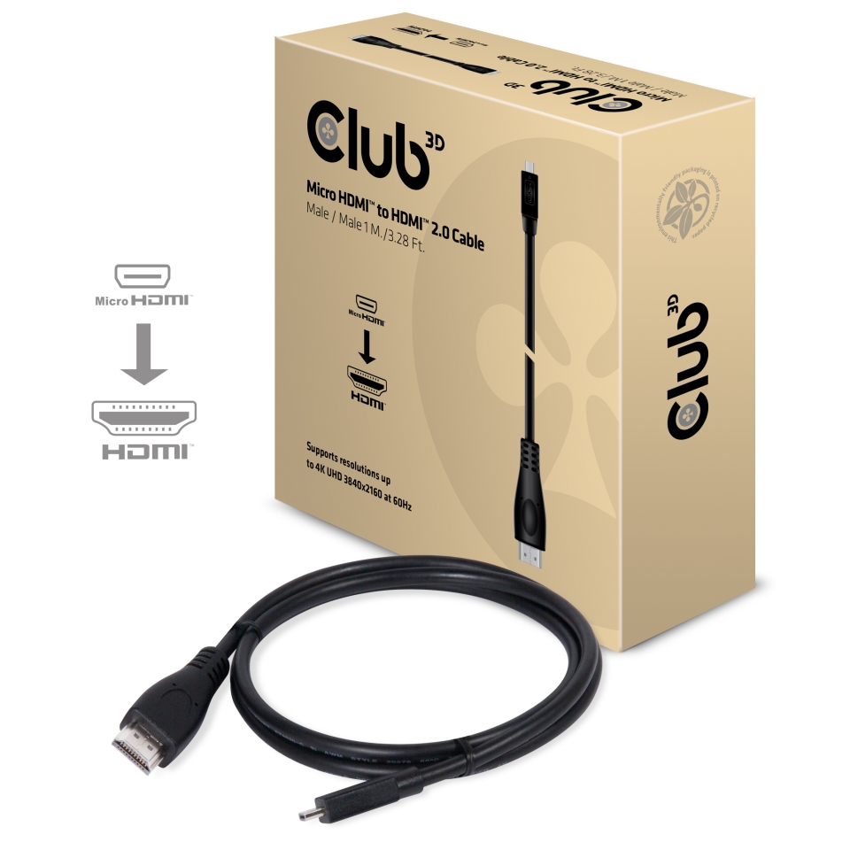 Kabel Video Micro HDMI 2.0 => HDMI 2.0 4K60Hz ST/ST  1,0m *Club3D*