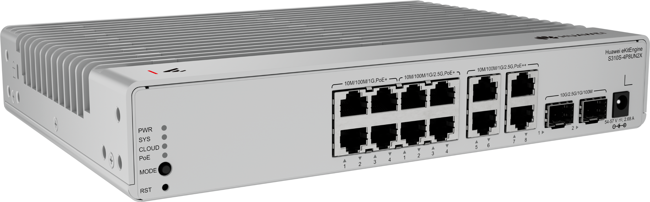 Huawei Switch Full Managed L3 14 Port • 4x 2,5 GbE 8x GbE • PoE Budget 125W • 4x PoE Bt 8x PoE At • 2x SFP • S310S-8P4UN2X • EKit