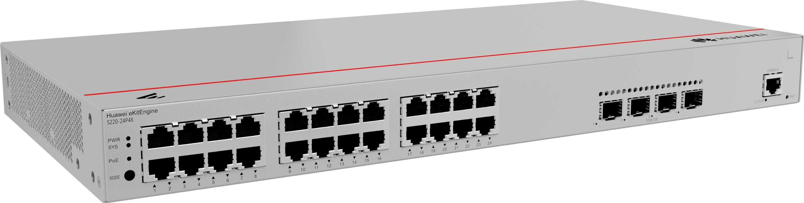 Huawei Switch Full Managed L2 28 Port • 24x GbE • PoE Budget 400W • 24x PoE At • 4x SFP • 19 " • S220-24P4X • EKit