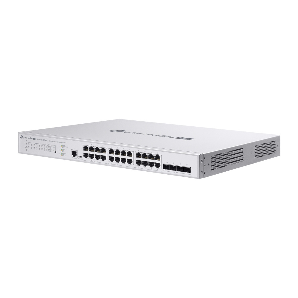 Omada PRO full managed Layer 2+ Switch • 28 Port • 24x 2.5GbE, 4x SFP+ • PoE Budget 500W • 8x PoE bt, 16x PoE at/af • Omada PRO • S5500-24MPP4XF