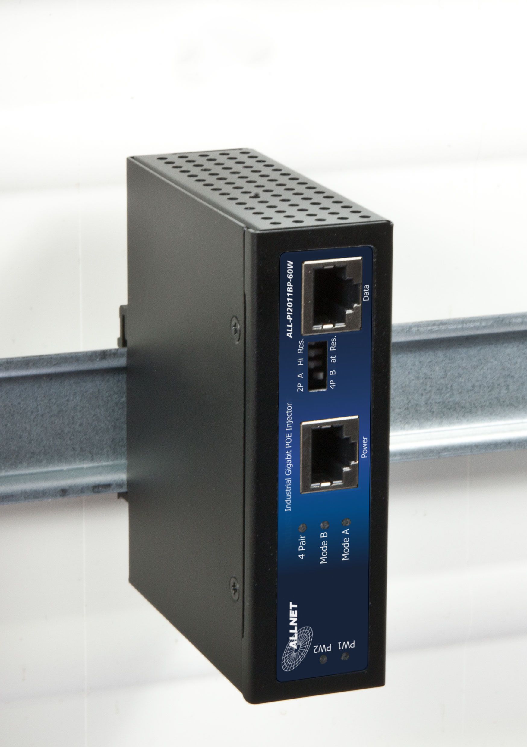 ALLNET PoE Injektor Industrial Gigabit / PoE & PoE+ & PoE 60W Microsemi (15,4W/30W/60W) / DIN / Power-Booster / Metallgehäuse / "ALL-PI2011BP-60W"