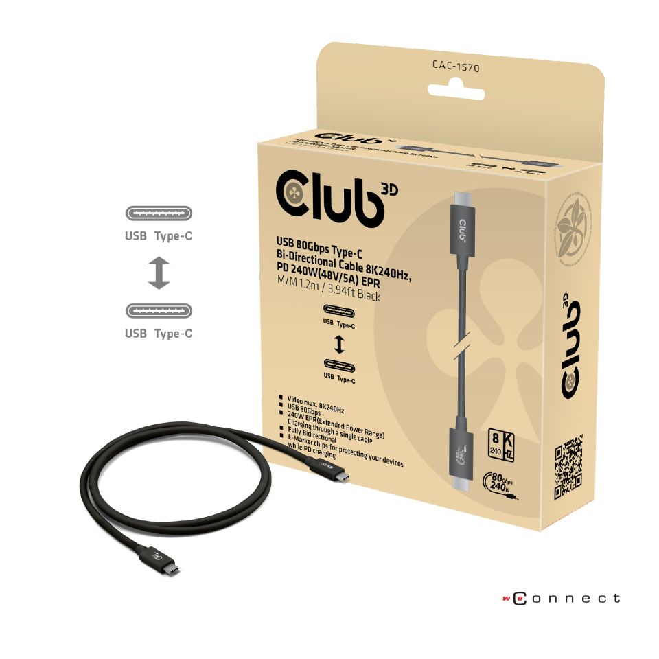 CLUB3D USB 80Gbps Certified 240W 8K240Hz Type-C® 1.2m / 3.94ft Black Cable