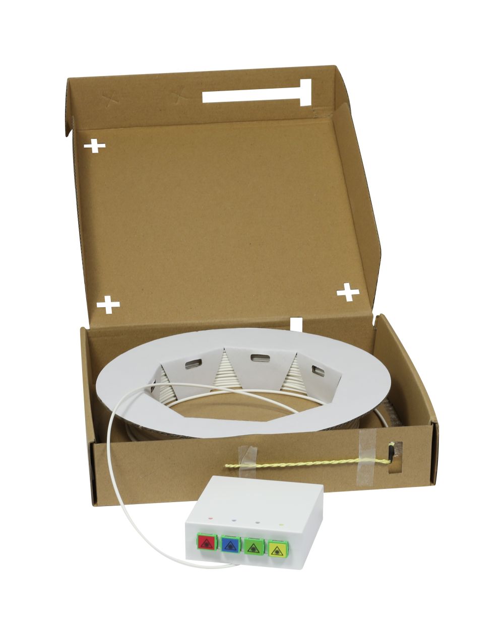 LWL-FTTH Compact Box Vorkonfektioniert, 4xSC/APC - Open End, 20m, 9/125u, G.657.A2, 4-Faser, OD 2,2mm, Synergy 21