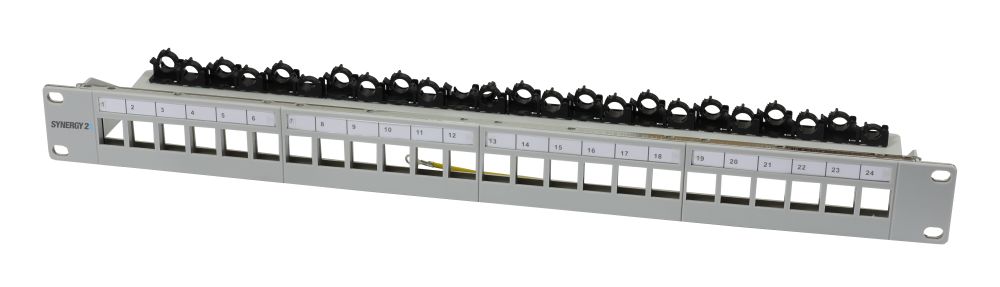 Keystone,Modulträger, 19"Patchpanel für 24xTP-Modul,  1HE(t 94mm), Lichtgrau, V4 mit Kabelklemme, Synergy 21,