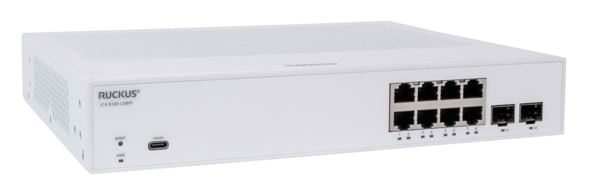 RUCKUS Networks Switch Full Managed Layer2 10 Port • 8x 1 Gbe • 2x 1g Sfp • Advanced Layer 2 • Poe Budget 124 W • Icx8100-08p
