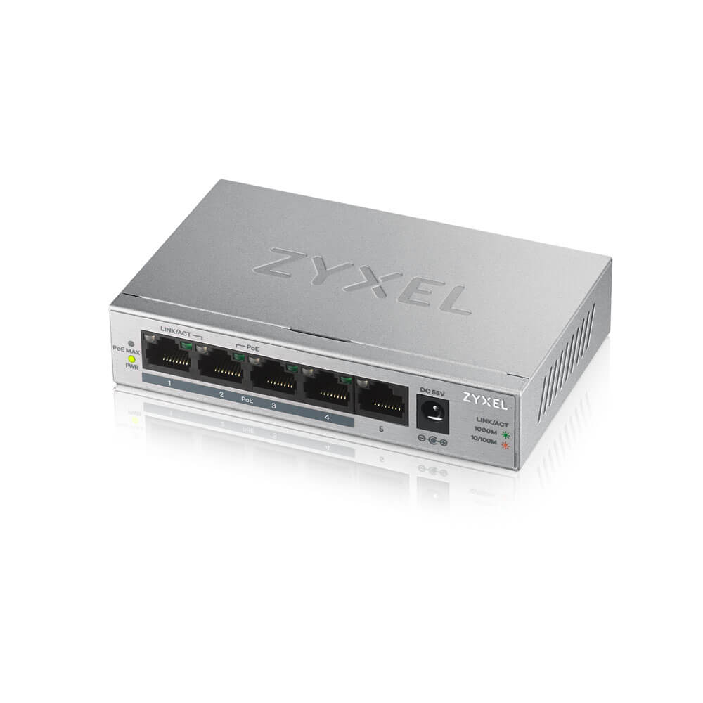 Zyxel Switch unmanaged Layer2 5 Port • 5x 1 GbE • PoE Budget 60 Watt • 4x PoE at • Desktop • Lüfterlos • GS-1005HP Zyxel Switch unmanaged Layer2 5 Port • 5x 1 GbE • PoE Budget 60 Watt • 4x PoE at • Desktop • Lüfterlos • GS-1005HP